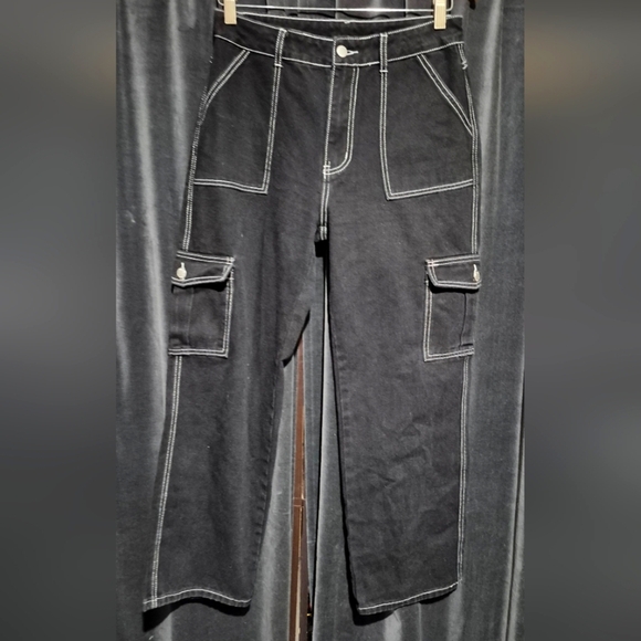Black Cargo Pants with White Stitching - Picture 1 of 4
